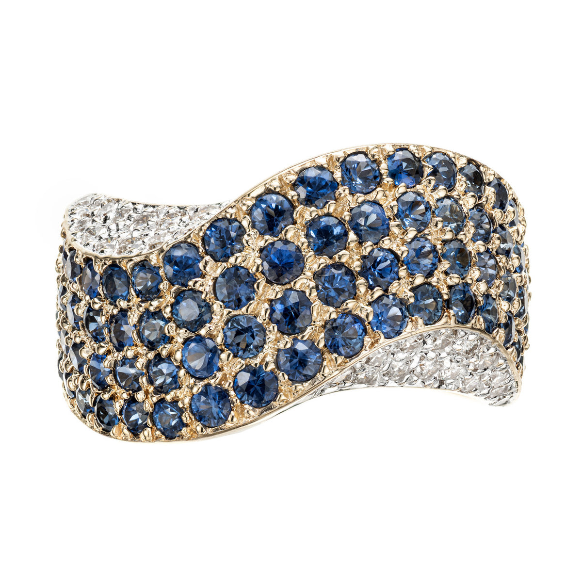 2.70 Carat Blue Sapphire Diamond Gold Domed Swirl Band Ring