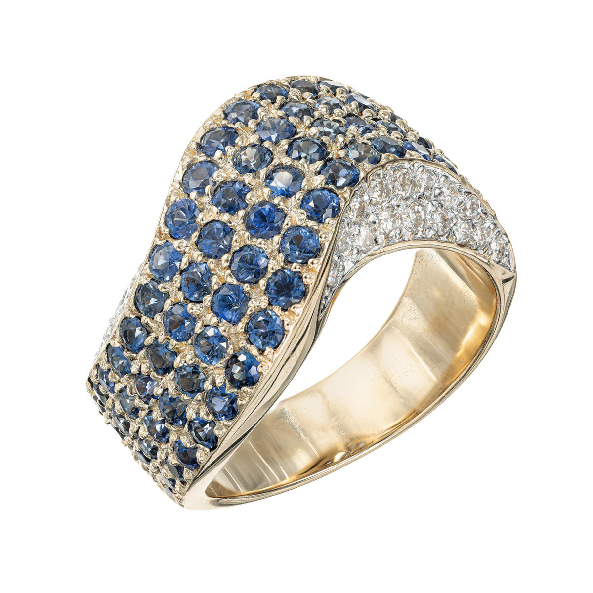 2.70 Carat Blue Sapphire Diamond Gold Domed Swirl Band Ring – image 7