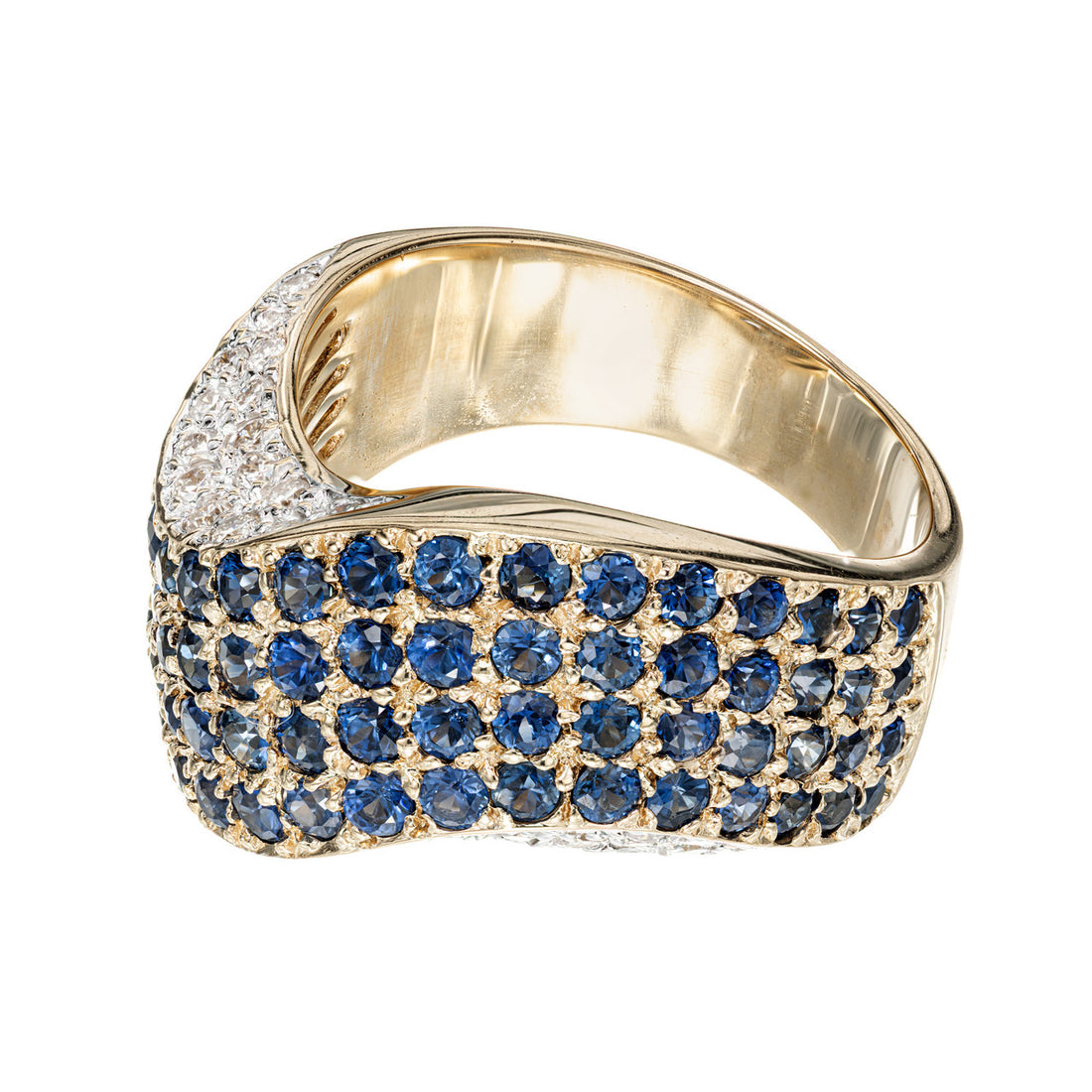 2.70 Carat Blue Sapphire Diamond Gold Domed Swirl Band Ring – image 2