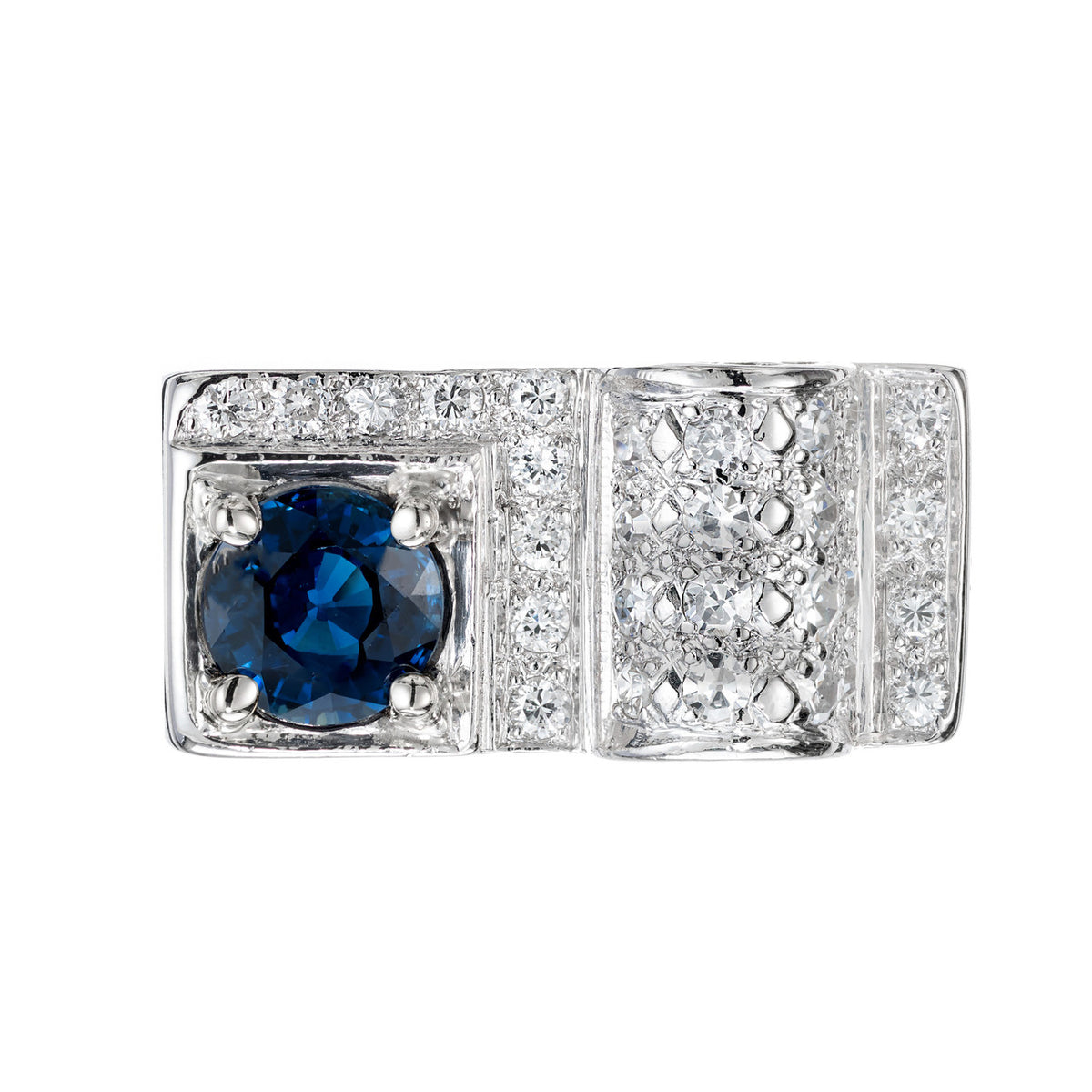 1.00 Carat Round Blue Sapphire Pave Diamond Platinum Band Ring – image 2