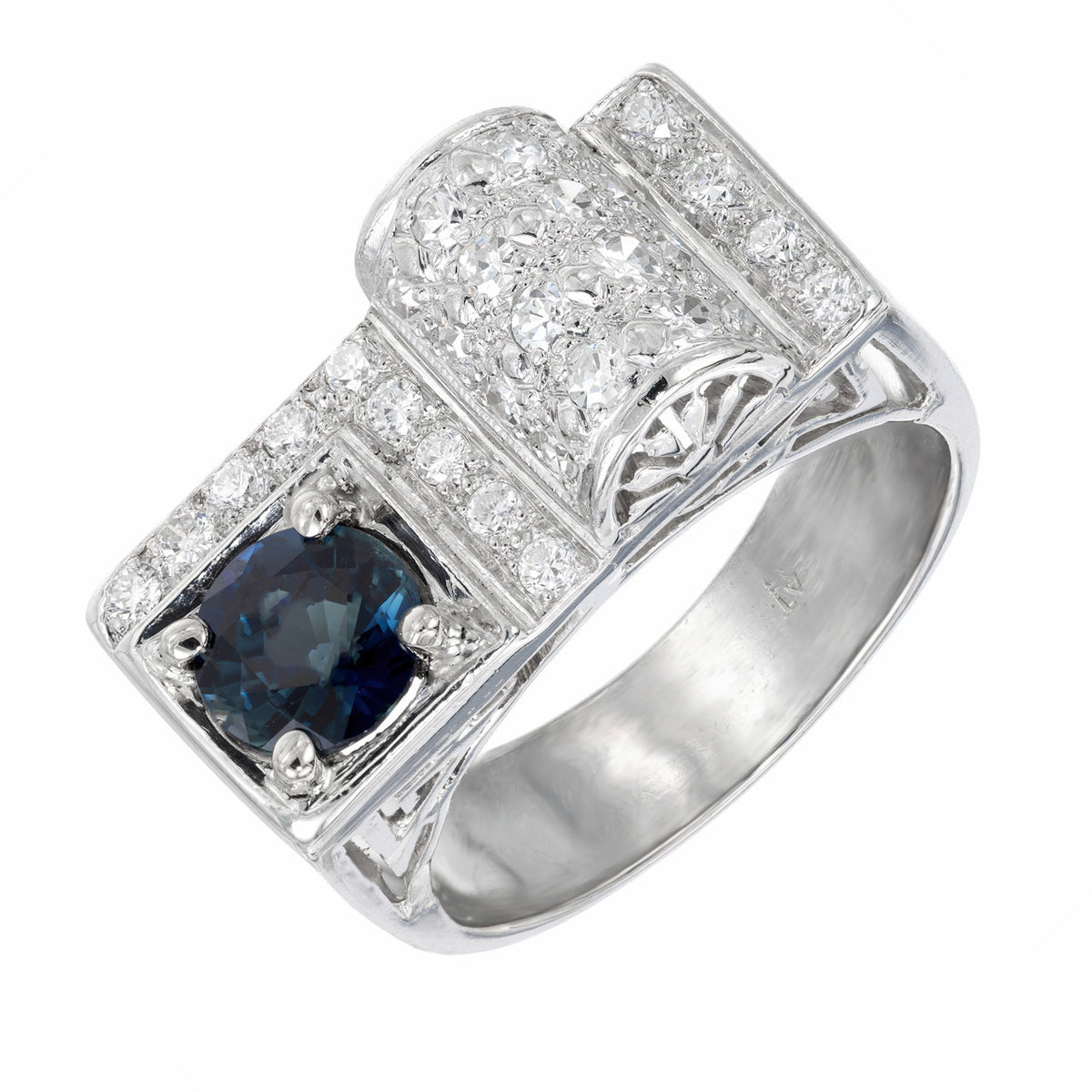 1.00 Carat Round Blue Sapphire Pave Diamond Platinum Band Ring