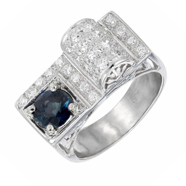 1.00 Carat Round Blue Sapphire Pave Diamond Platinum Band Ring