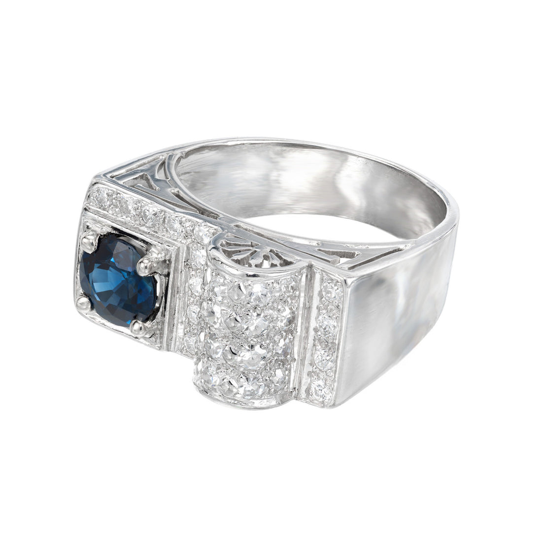 1.00 Carat Round Blue Sapphire Pave Diamond Platinum Band Ring – image 3