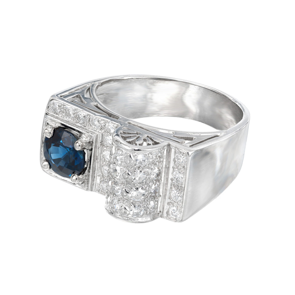 1.00 Carat Round Blue Sapphire Pave Diamond Platinum Band Ring – image 3