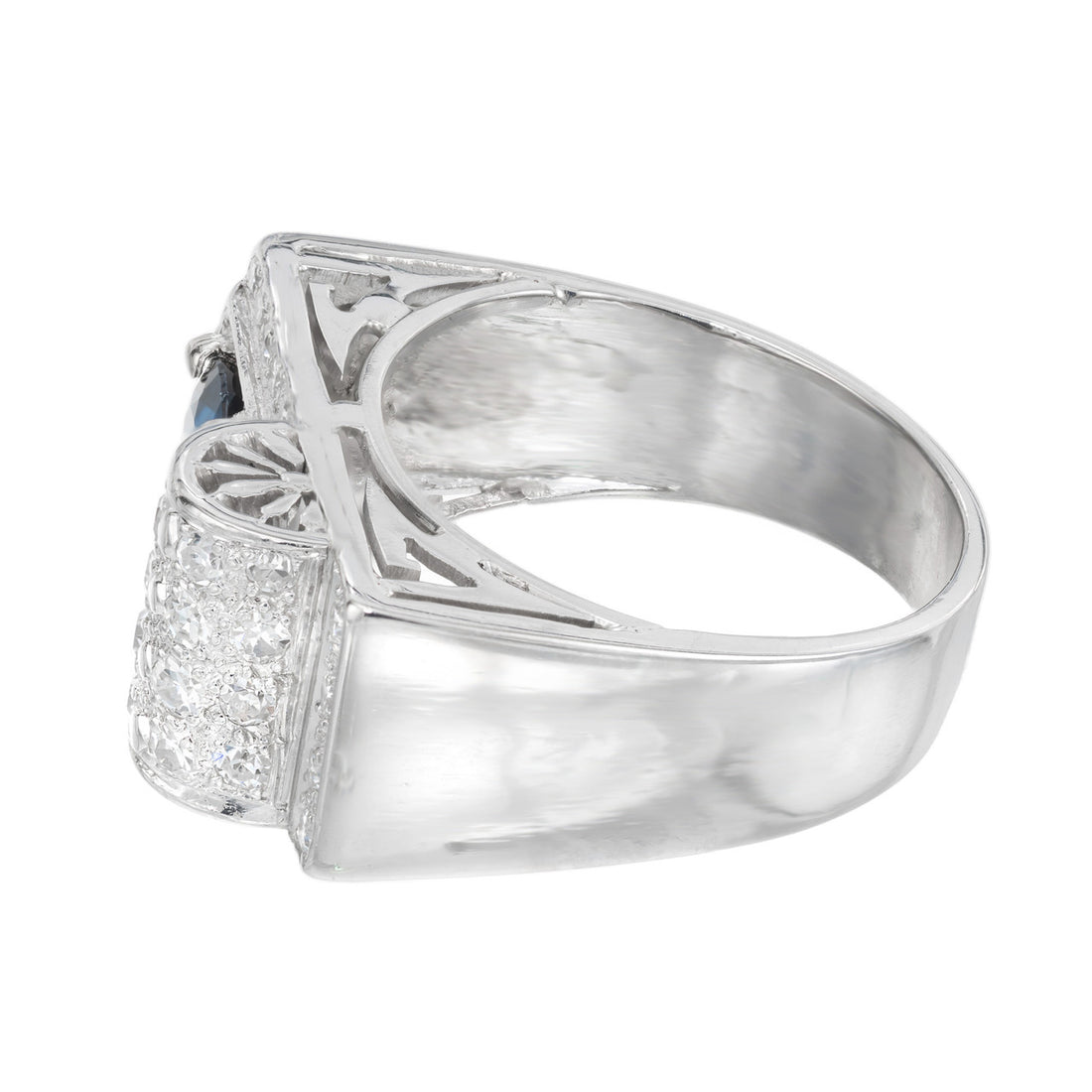 1.00 Carat Round Blue Sapphire Pave Diamond Platinum Band Ring – image 4