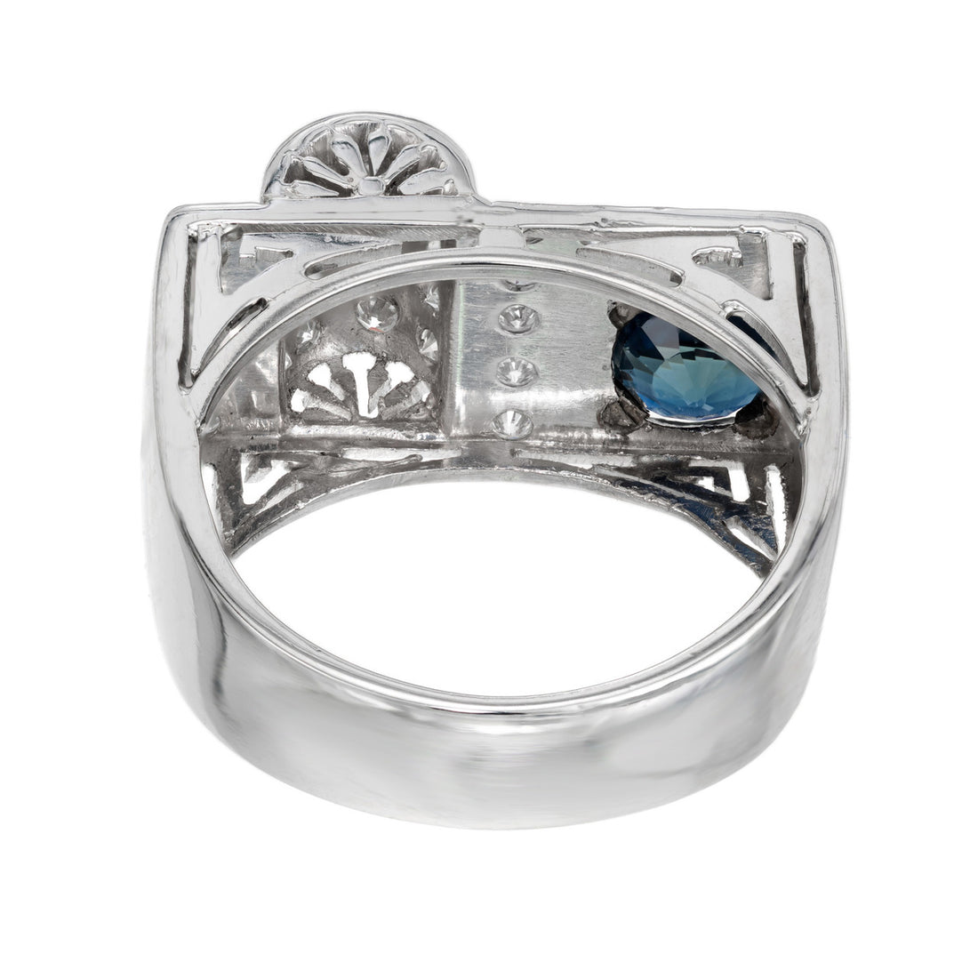 1.00 Carat Round Blue Sapphire Pave Diamond Platinum Band Ring – image 7