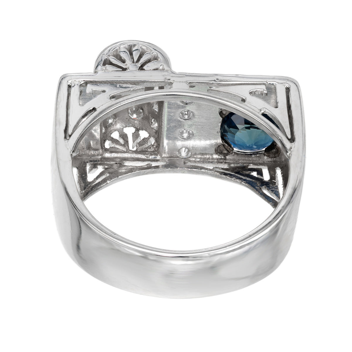 1.00 Carat Round Blue Sapphire Pave Diamond Platinum Band Ring – image 7