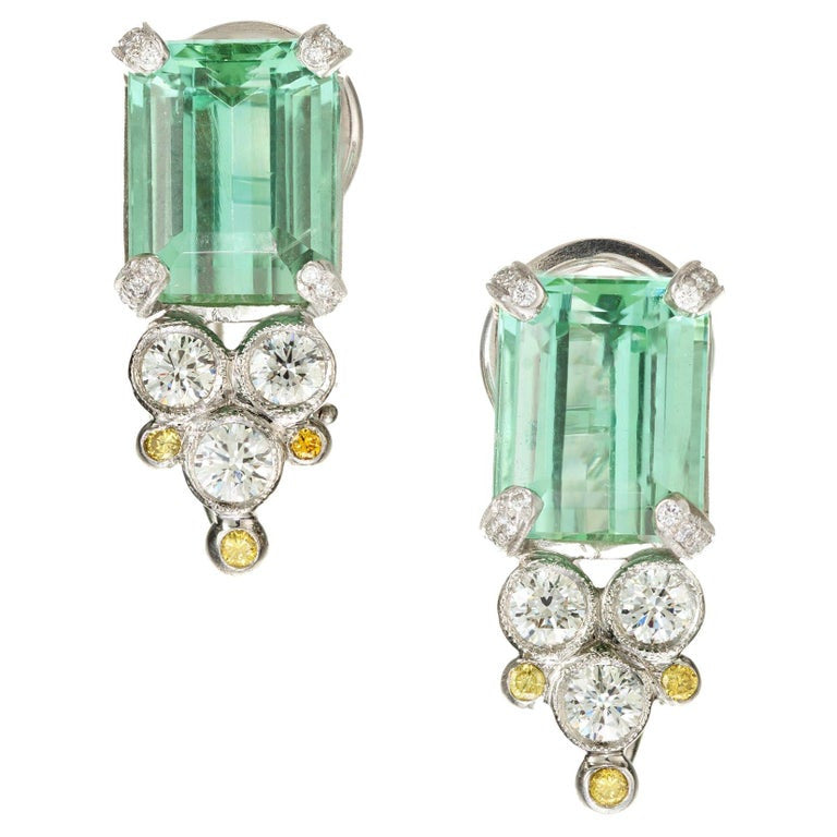 GIA 8.25 Carat Tourmaline White Yellow Diamond Art Deco Platinum Earrings