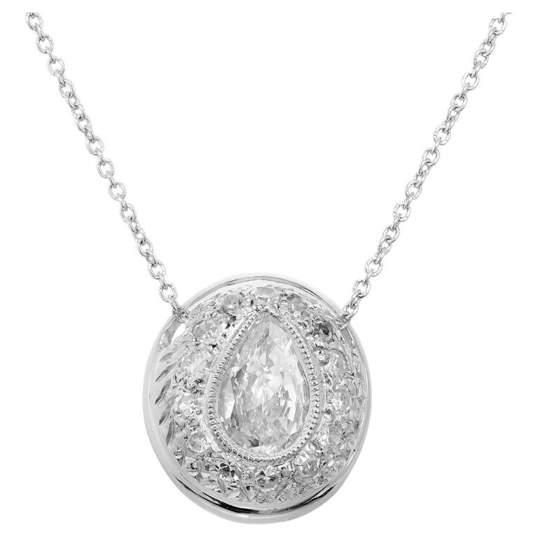Peter Suchy .64 Carat Pear Diamond Halo Platinum Slide Pendant Necklace