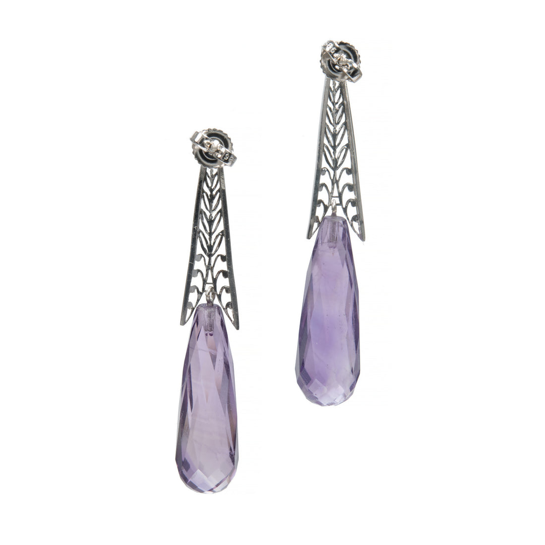 Antique Art Deco 14k White Gold 30ct Amethyst 1930 Natural Briolette Dangle Earrings<br><br> – image 3