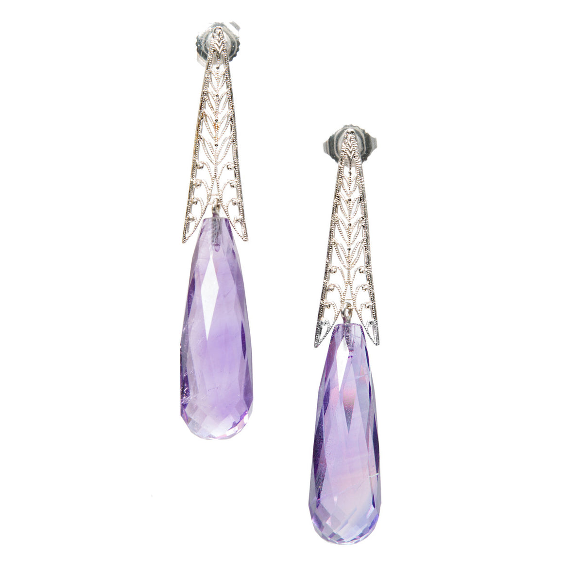 Antique Art Deco 14k White Gold 30ct Amethyst 1930 Natural Briolette Dangle Earrings<br><br> – image 5