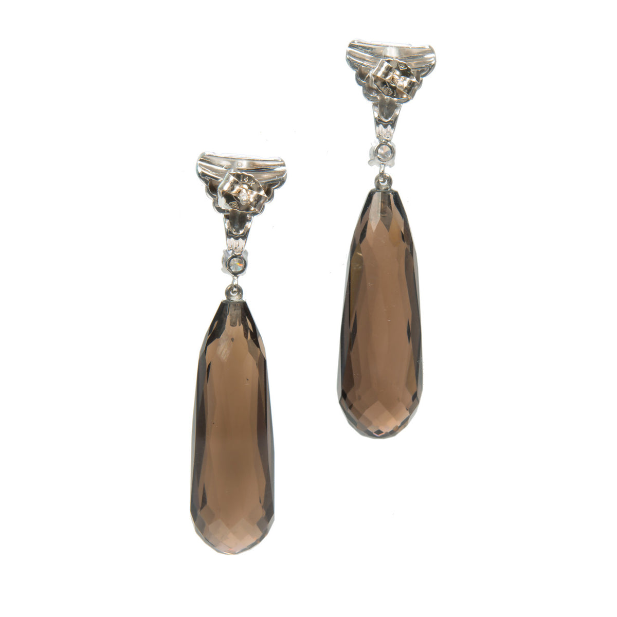 Vintage 1950 14k White Gold Diamond Dangle Earrings with .49cts Smoky Quartz Briolettes – image 2