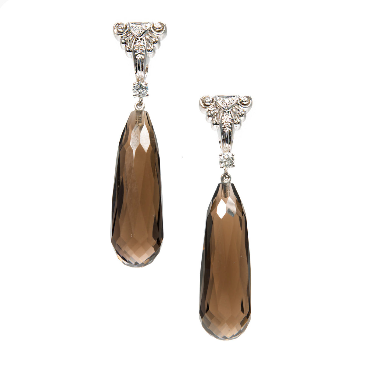 Vintage 1950 14k White Gold Diamond Dangle Earrings with .49cts Smoky Quartz Briolettes – image 5